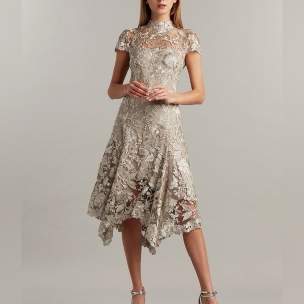 Tadashi Shoji Champagne Lace Asymmetrical Hem Dress